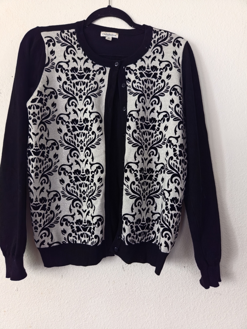 Croft & Barrow size Medium Women’s Black Silver Floral Button Up Cardigan